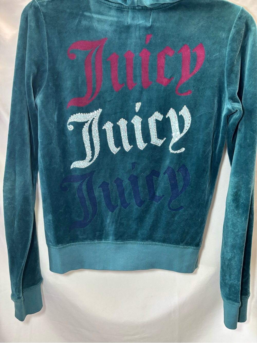 Juicy Couture Women's Blue Velour Full Zip Hoodie Logo Rhinestone Pockets M